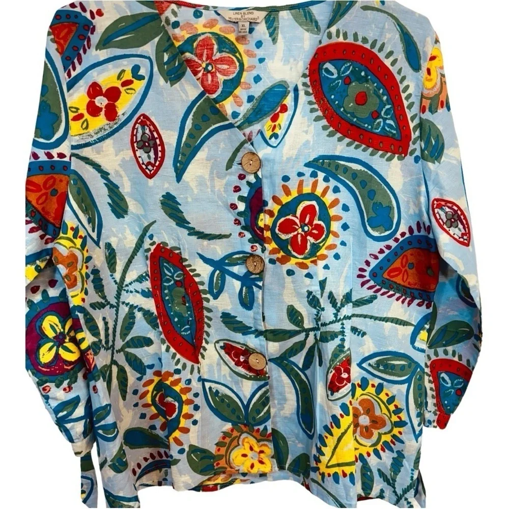 Hester & Orchard Cotton Linen Blend Blue Print 3/4 Sleeve V Neck women’s Size XL - Picture 3 of 10